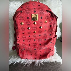 MCM Red Monogram Leather Backpack with Black Accents
